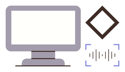 Desktop monitor with soundwave symbol inside focus brackets and a black diamond shape. Ideal for technology, software, screen display, sound design, audio editing, digital tools, simple flat metaphor