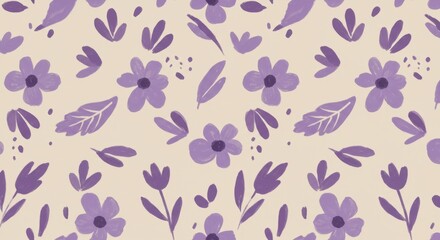 A repeating floral pattern with purple flowers, leaves, and dots on a beige background. The style is simple and illustrative.