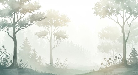 Misty Forest Landscape with Watercolor Painting Texture
