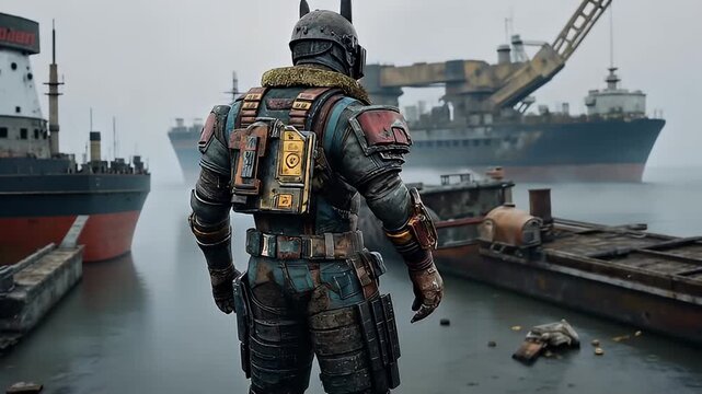 Cyberpunk Figure in Detailed Armor Standing At Dock In Front Of Cargo Ships