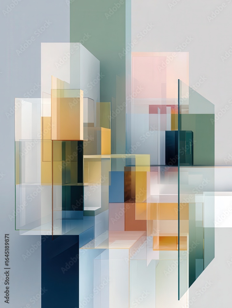 Poster geometric abstraction: a captivating composition of transparent and colored geometric shapes, interp