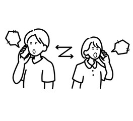院内で通話する医師と看護師のイラスト　線画のみ