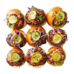 Delicious Mini Sliders Topped with Fresh Vegetables and Pickles, Perfect for Parties and Gatherings on transparent background