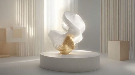 Abstract sculpture on a pedestal in a minimalist, light-filled space