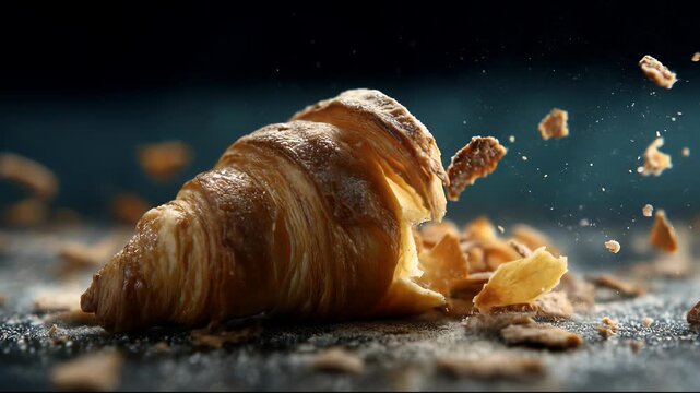 Crispy fresh croissant lies on the table, breaking into golden crumbs flying in all directions