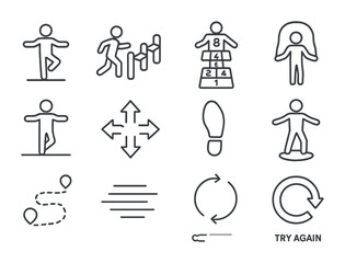 Coordination Training Icons. Outline icon set of physical coordination training: balance pose, obstacle course