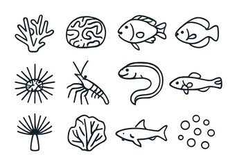 Coral Reef Icon Set. Outline icon set of coral reef biodiversity: branching coral, brain coral, parrotfish,