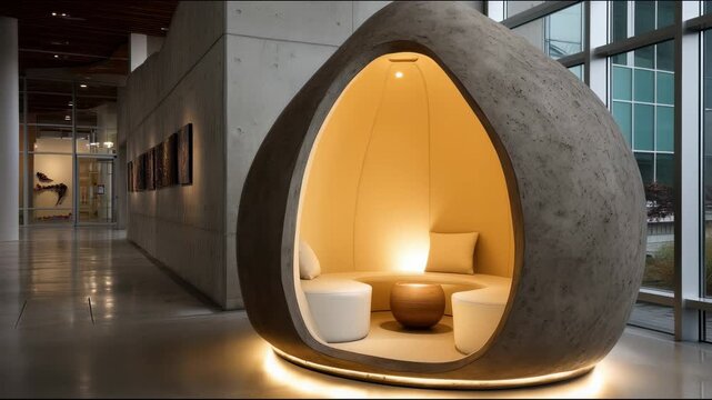 Modern building with a cozy capsule lounge area shaped like a half-sphere with soft seats and a table inside