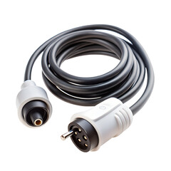 Black electric power cable with male and female connectors isolated on transparent background