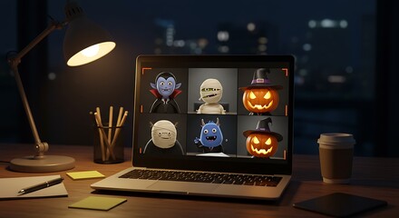 Open laptop on a work desk at night; video grid shows friendly cartoony monsters (vampire, mummy, witch, pumpkin head) in a corporate meeting