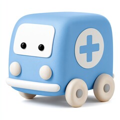 Light blue toy ambulance, simple cartoon style,  with white plus sign and features