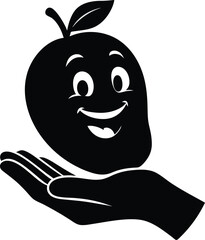 Happy Organic Mango silhouette Vector Design, black silhouette hand-delivered mango with smiling head in joyful pose high resolution minimal style with white background