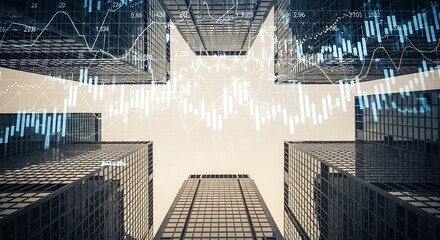 Financial district with skyscrapers and stock market analysis graphics overlay
