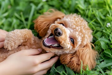 Fototapeta premium Toy Poodle lying on grass and smiling while getting belly rubs 