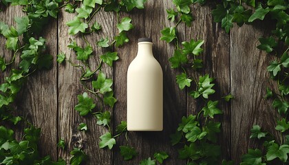 Organic mock of cream bottle surrounded by green ivy and wood texture
