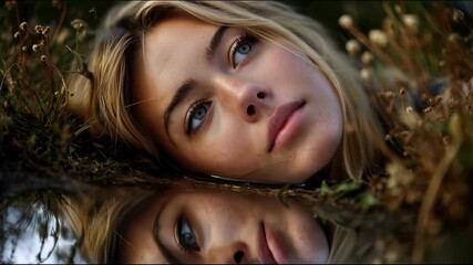 Young woman with long blonde hair lying face-down on the ground near water, gazing at her reflection
