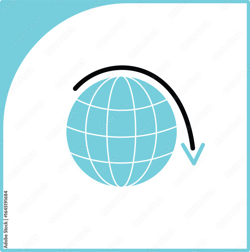 Poster a modern vector icon depicting a globe with a bold black circular arrow. the globe is rendered in a 