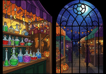 Halloween market scene with potions and stained glass window