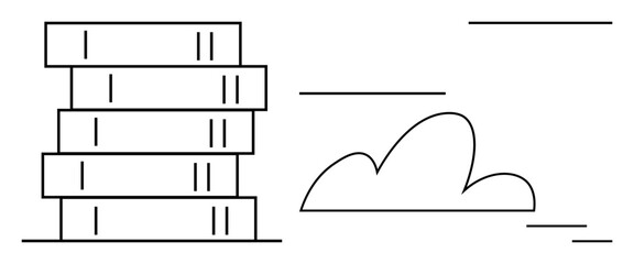 Stack of books placed beside a simple cloud outline. Ideal for education, knowledge, digital library, cloud storage, e-learning, creativity, intellectual growth. Minimal simple flat metaphor