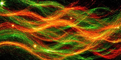Abstract swirling waves of vibrant green and orange light against a black background.  Intricate patterns of glowing strands