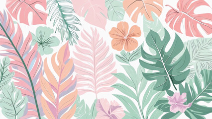 Flat botanical illustration of tropical leaves and flowers, vector-style outlines, pastel tones, evenly spaced composition, transparent background, high detail_ Ai Generate