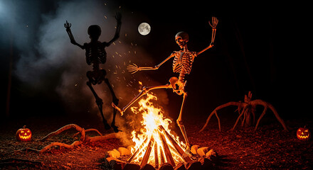 Halloween night scene with dancing skeletons around a bonfire