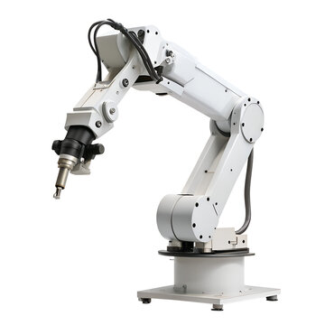 A modern industrial robotic arm with cables, isolated on transparent background for automation