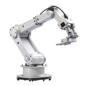 Automated industrial robot arm for precision manufacturing and production, isolated on transparent background