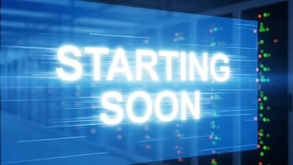 Starting soon screen backdrop in blue with data center server room. Suitable for event countdown anticipation or streaming commencement.
