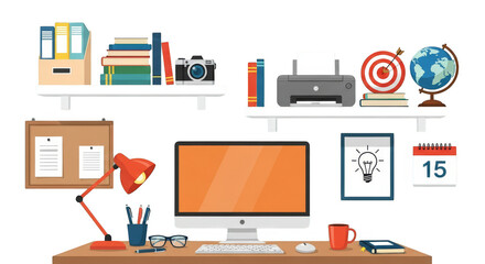 Fototapeta premium Modern Workspace Illustration Desk Shelves