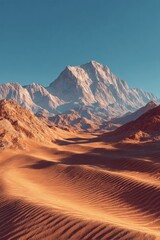 Naklejka premium Desert landscape with towering snow-capped mountain