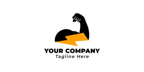 Muscle arm power logo with orange lightning bolt