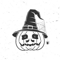 Halloween Party Poster with pumpkin in a Witch Hat silhouette. Vector. Perfect for Halloween t-shirts, logos, badges, decorations, greeting cards, banners, and party invitations.