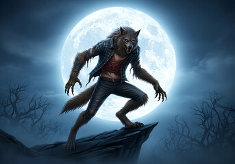 Werewolf on a cliff under a full moon