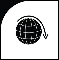 A sleek, monochrome vector icon featuring a globe with a bold rotating arrow. The design, rendered in a clean, black and-white glyph style, is perfect for symbolizing global connection, networking etc