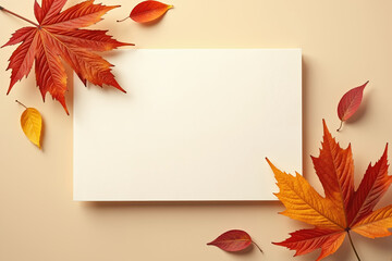 A blank white card is centered on a beige background, surrounded by autumn leaves in shades of red, orange, and yellow, creating a warm and inviting atmosphere with subtle shadows and soft colors.