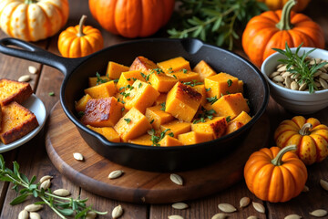 A cast iron skillet filled with roasted pumpkin pieces, garnished with herbs, surrounded by small pumpkins, cornbread, and pumpkin seeds on a wooden table.