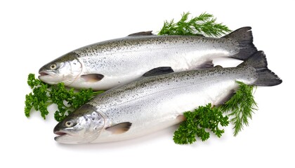 Fresh salmon fillets on white background