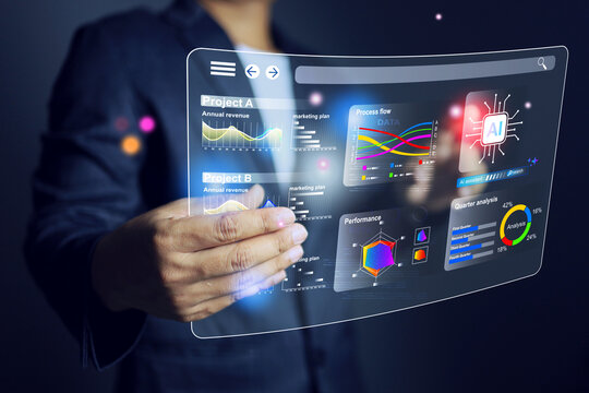 Data analysis concept with businessman working on virtual interface analytics dashboard to summary and transform information and conclusion for investment strategy and integration decision making
