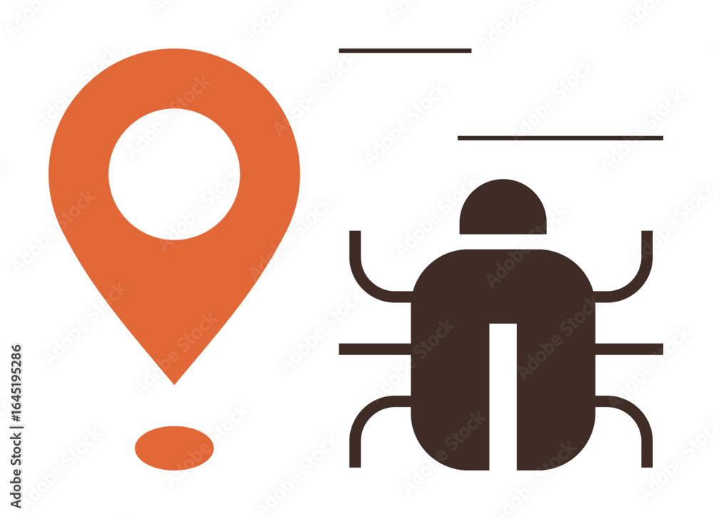 Poster orange location marker next to a black bug. represents tracking, debugging, issue-solving, geography
