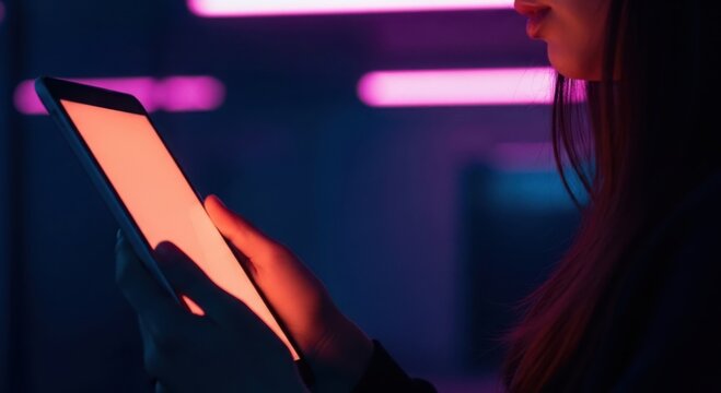 Person holding a glowing tablet with vibrant neon background
