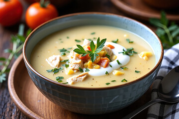 A bowl of yellowish soup with chunks of chicken, corn, and herbs, topped with sour cream and fresh herbs, served in a blue ceramic bowl on a wooden plate.