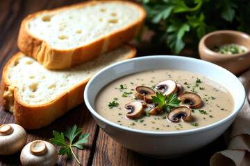 A bowl of creamy mushroom soup garnished with sliced mushrooms and parsley, accompanied by slices of bread and fresh mushrooms on a wooden table.
