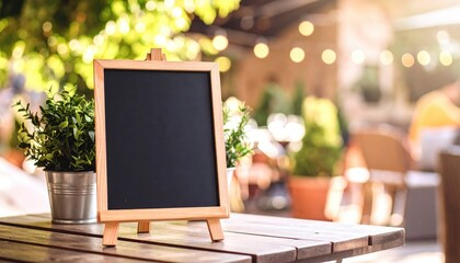 Menu Board in Cafe Setting: An elegant wooden menu board, set on a charming cafe table, sits ready to display specials, framed by warm sunlight. A perfect backdrop for culinary announcements.