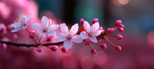 Cherry blossom branch with soft pink bokeh background