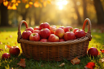 A wicker basket overflowing with fresh red apples, surrounded by scattered apples and autumn leaves on a grassy field, bathed in warm sunlight.
