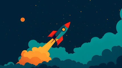 illustration of a rocket in space, flat modern design