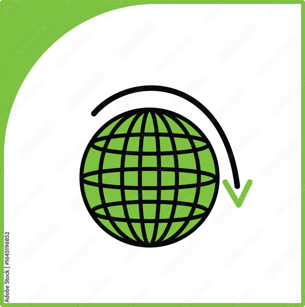 Poster a stylized vector icon of a globe with a circular arrow, symbolizing global connection and network a