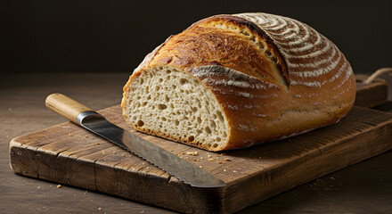 Artisanal sourdough loaf on weathered wood cutting board under subtle lighting revealing texture and crust, offering