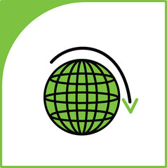 A stylized vector icon of a globe with a circular arrow, symbolizing global connection and network activity. This modern glyph is ideal for UI UX design, apps, websites, and presentations.